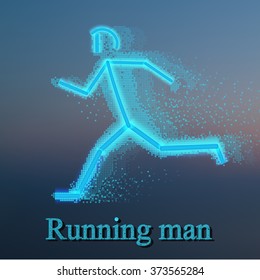 Running Man, square particle divergent composition, pixel art design, neon light structure, vector illustration.