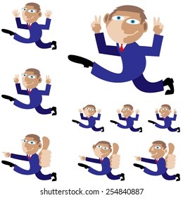 Running man in a suit and tie. Hands in different positions. Set.