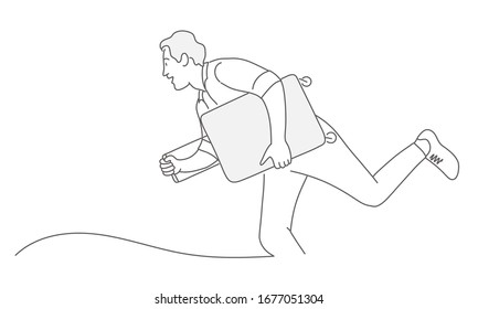 Running man with suitcase. Concept travel and tourism. Line drawing vector illustration. 