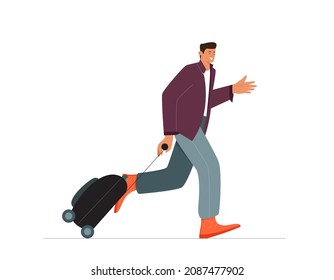 Running Man With Suitcase In A Hurry Trying To Get His Flight Or Train. Vector Illustration. 