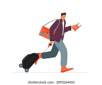 Running man with suitcase and passport in a hurry trying to get his flight or train. Vector illustration. 