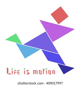 Running man with text "Life is motion", tangram style, promotional items or sportswear print design