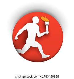 Running man with torch in modern creative paper cut style on white background. Minimalistic design element. Creative design concept for branding sport competition, games. Vector illustration.