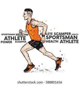 Running man in T-shirt and shorts. Athletic. Vector illustration. Sport and health.