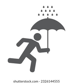 hombre en ejecución con paraguas bajo icono de lluvia