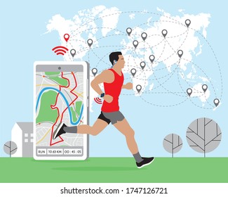 Running man using online platform technology to participate virtual global racing, marathon. Route, data on smartphone, world map, runners locations. World running Day 3 June. Healthy lifestyle vector