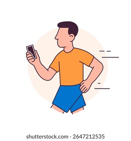 Running man using smartphone. Active lifestyle flat character illustration.