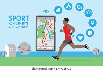 Running man using smartwatch, internet technology for wellness, fitness training, sport achievements. Route, heartbeat, time, distance icons, data tracing, smartphone screen. Healthy lifestyle vector.