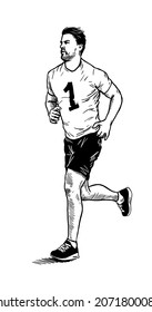 The running Man. Vector drawing in ink drawing style engraving eps