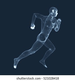 Running Man. Vector Graphics Composed of Particles. 3D Model of Man. Human Body Model. Body Scanning. View of Human Body.