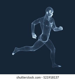 Running Man. Vector Graphics Composed of Particles. 3D Model of Man. Human Body Model. Body Scanning. View of Human Body. 