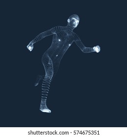 Running Man. Vector Graphics Composed of Particles. 3D Model of Man. Human Body Model. Body Scanning. View of Human Body.  