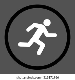 Running man vector icon. This rounded flat symbol is drawn with black and white colors on a gray background.