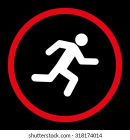 Running man vector icon. This rounded flat symbol is drawn with red and white colors on a black background.