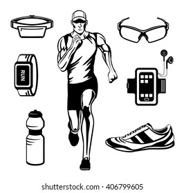 Running Man Vector Illustration. Running Gear. Accessories for Run for Outdoor Cardio Workout.