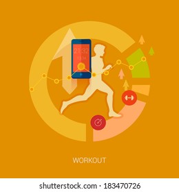 Running man vector illustration. Sporting person, workout, training and real time achievement analytic tracking through smartphone apps modern flat design icons concept.