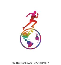 Running man vector logo design template. Running man with globe illustration.