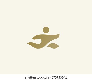 Running man vector logotype. Care delivery creative logo. Hand sport action fitness idea icon symbol