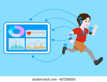 running man who wears various wearable devices, vital sign sensing and wireless communication, image illustration
