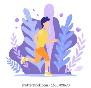 Running man windy illustration in flat style. A man in a cartoon style jogging among nature. Graphics for landing page, banner, site. Marathons, races, running sports sections. Running in the spring