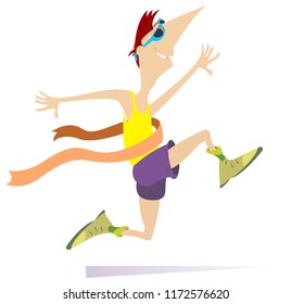 Running man, winner ribbon isolated illustration. Smiling running young sportsman with a winner ribbon crossing a finish isolated on white illustration 
