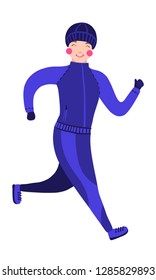 Running man in winter gear isolated on white. Vector illustration. Young man running winter marathon. Healthy lifestyle.