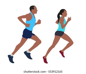 Running man and woman, active couple, set of vector illustrations