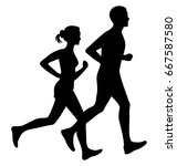 Running man and woman black silhouette isolated vector illustration. Jogging couple.