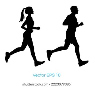 Running man and woman black silhouette isolated vector illustration. Jogging couple.running and exercise.