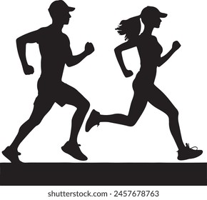 Running man and woman black silhouette isolated vector illustration.  jogging couple, Running couple.