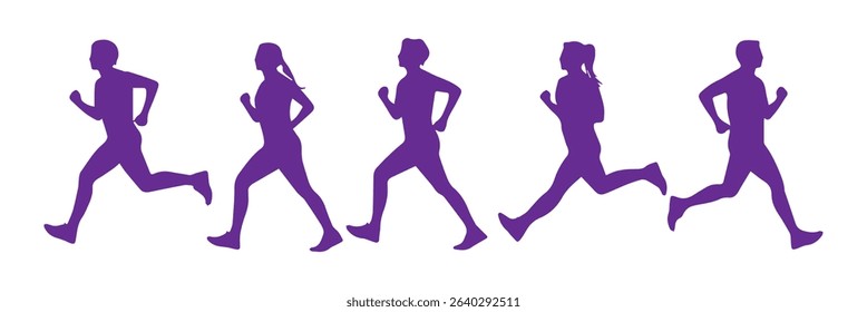 Running man and woman black silhouette isolated vector illustration. Running couple, jogging couple.