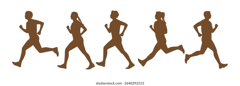 Running man and woman black silhouette isolated vector illustration. Running couple, jogging couple.