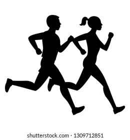 Running man and woman black vector silhouettes. Sport female and male, jogging training athlete illustration