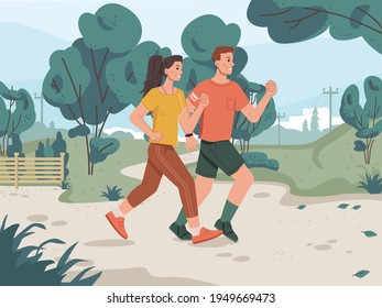 Running man and woman in city park, cityscape scenery landscape on background. Vector green trees, jogging family couple cartoon style characters. Adult sportive joggers, cross marathon outdoor