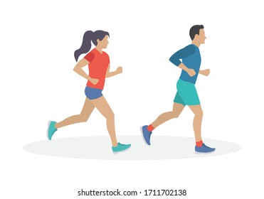 Dirigir hombre y mujer. Pareja trotando. Concepto de maratón. Plantilla de diseño deportivo y de fitness con corredores de estilo plano. Ilustración vectorial.