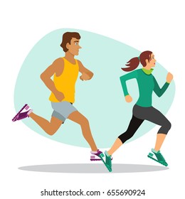 Running man and woman , fitness concept, fitness tracker. Vector illustration of running people in style flat