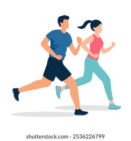 Homem de corrida e mulher em design plano sobre fundo branco. Correndo Casal.