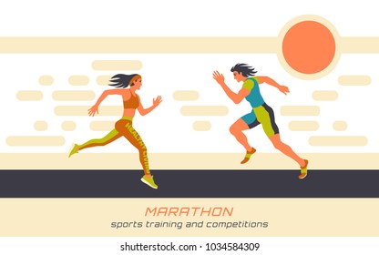 Running man and woman at high speed moving along the road. Fitness, healthy life style. Athletes on the competition or marathon. Useful to design sports banners, icons, backgrounds and posters.