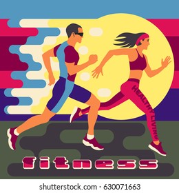 Running man and woman at high speed moving along the road. Fitness, healthy life style. Athletes on the competition or marathon. Useful to design sports banners, icons, backgrounds and posters.