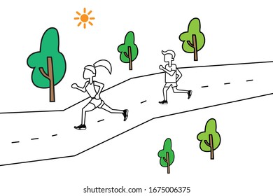 Running Man and Woman icon, couple running icon.jogging training exercising together at sunset.