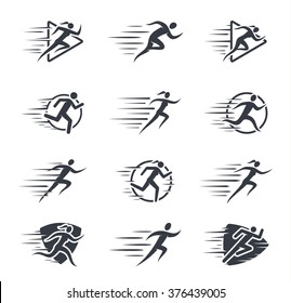 Running man and woman icons with motion trails for sport tournaments, organizations, marathons