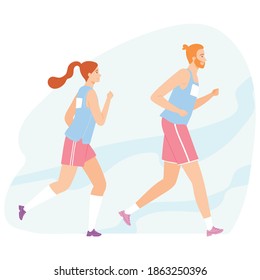 Running man and woman. A loving couple on a date. Vector illustration for banners, posters, postcard. Cartoon style characters.