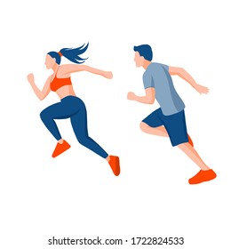 Running man and woman on a white background. Fast run. The fight for first place. The concept of a marathon race. Sport and fitness template design with runners in flat style. Vector illustration