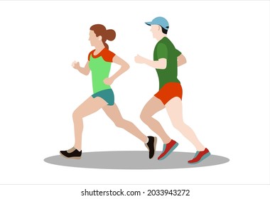 Running man and woman on a white background. Sport and fitness template design with runners in flat style. Vector illustration