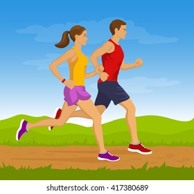 Running Man and Woman Outdoor. Jogging Couple. Man and Woman Jogging Together 