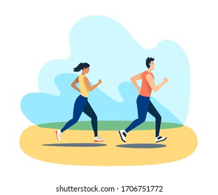 Running man and woman in park flat vector illustration. Jogging couple. Outdoor workout. Isolated cartoon character on on color flowing liquid shapes background. 