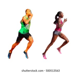 Running man and woman, polygonal abstract polygonal silhouettes. Running people