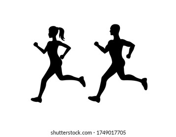 Running man and woman silhouette icon vector. Running people clip art. Attractive fitness girl and boy silhouette. Runners couple icon