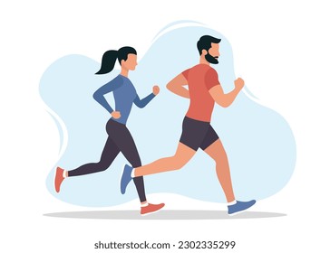 Running man and woman. Sport, healthy lifestyle, weight loss. Vector illustration in flat style. isolated on white background.