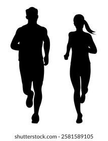 Running man and woman, young athletes run in a race, young couple running silhouettes